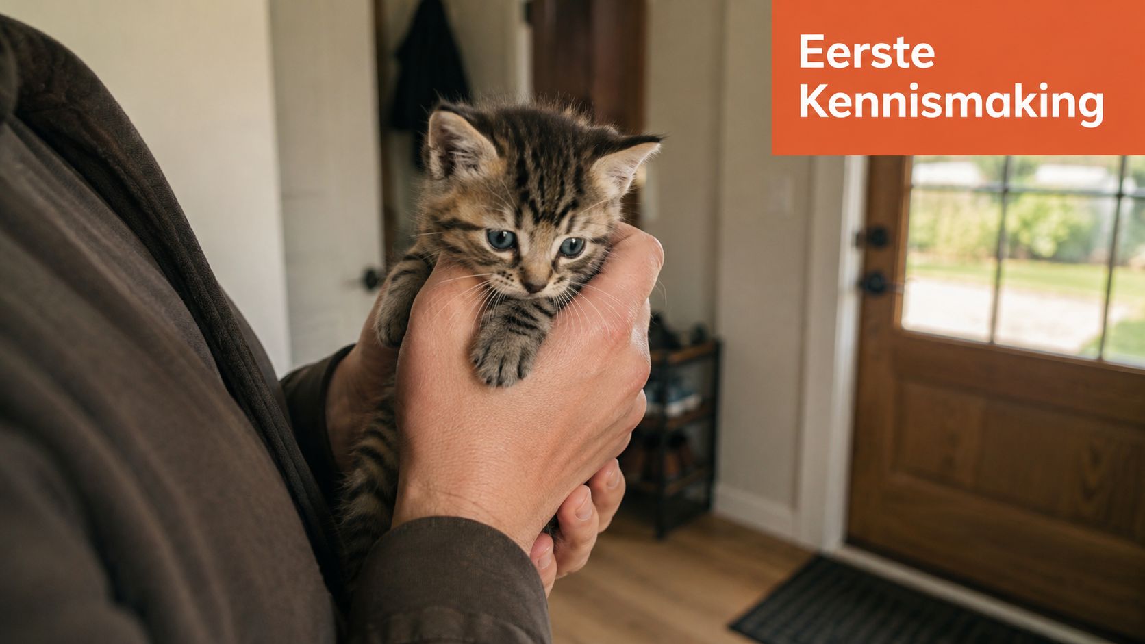 Een persoon houdt een klein gestreept kitten vast in hun handen tijdens een eerste kennismaking thuis.
