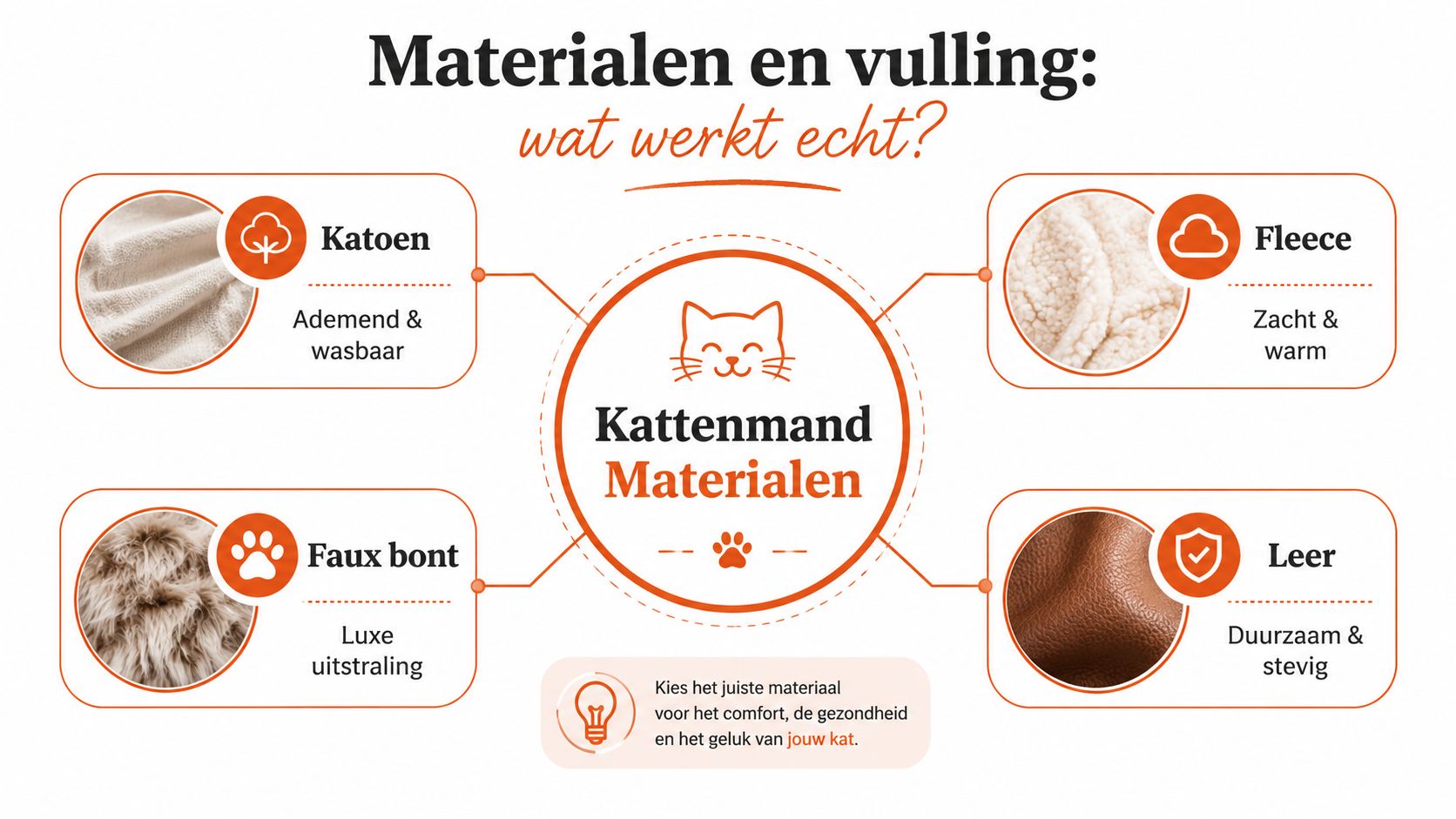 Een overzicht van verschillende materialen voor kattenmanden, waaronder katoen, fleece, faux bont en leer voor comfort.