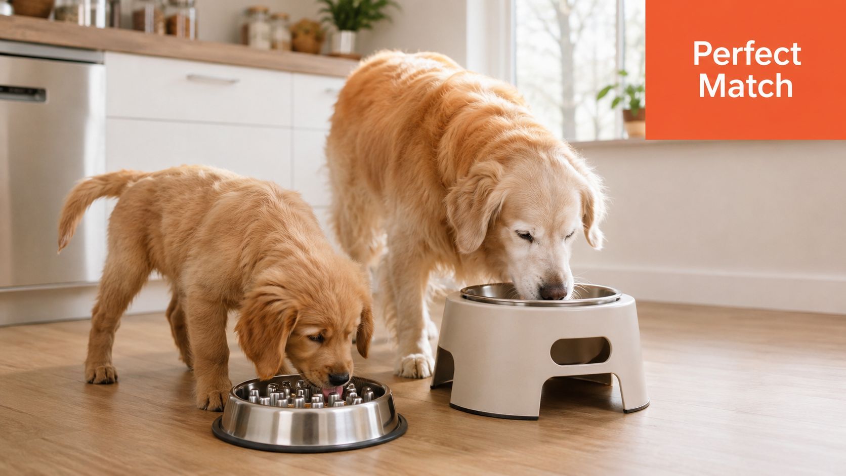 Een puppy en een volwassen Golden Retriever eten samen uit hun eigen voerbakken in een lichte keuken.