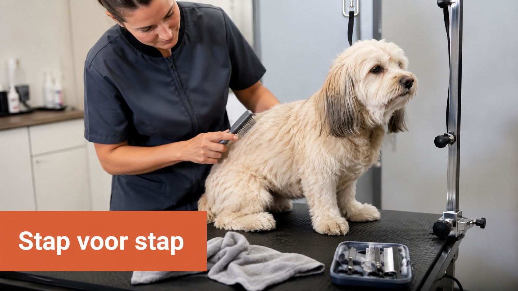 Een professionele hondentrimmer borstelt voorzichtig de vacht van een kleine, beige hond op een trimtafel in een salon.