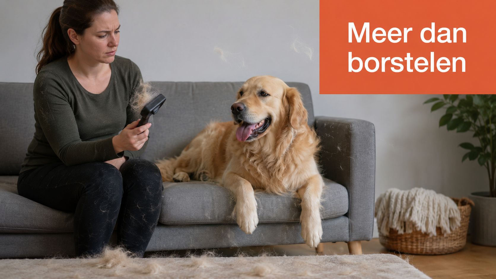 Een vrouw borstelt de ondervacht van haar Golden Retriever hond op een grijze bank in de woonkamer.