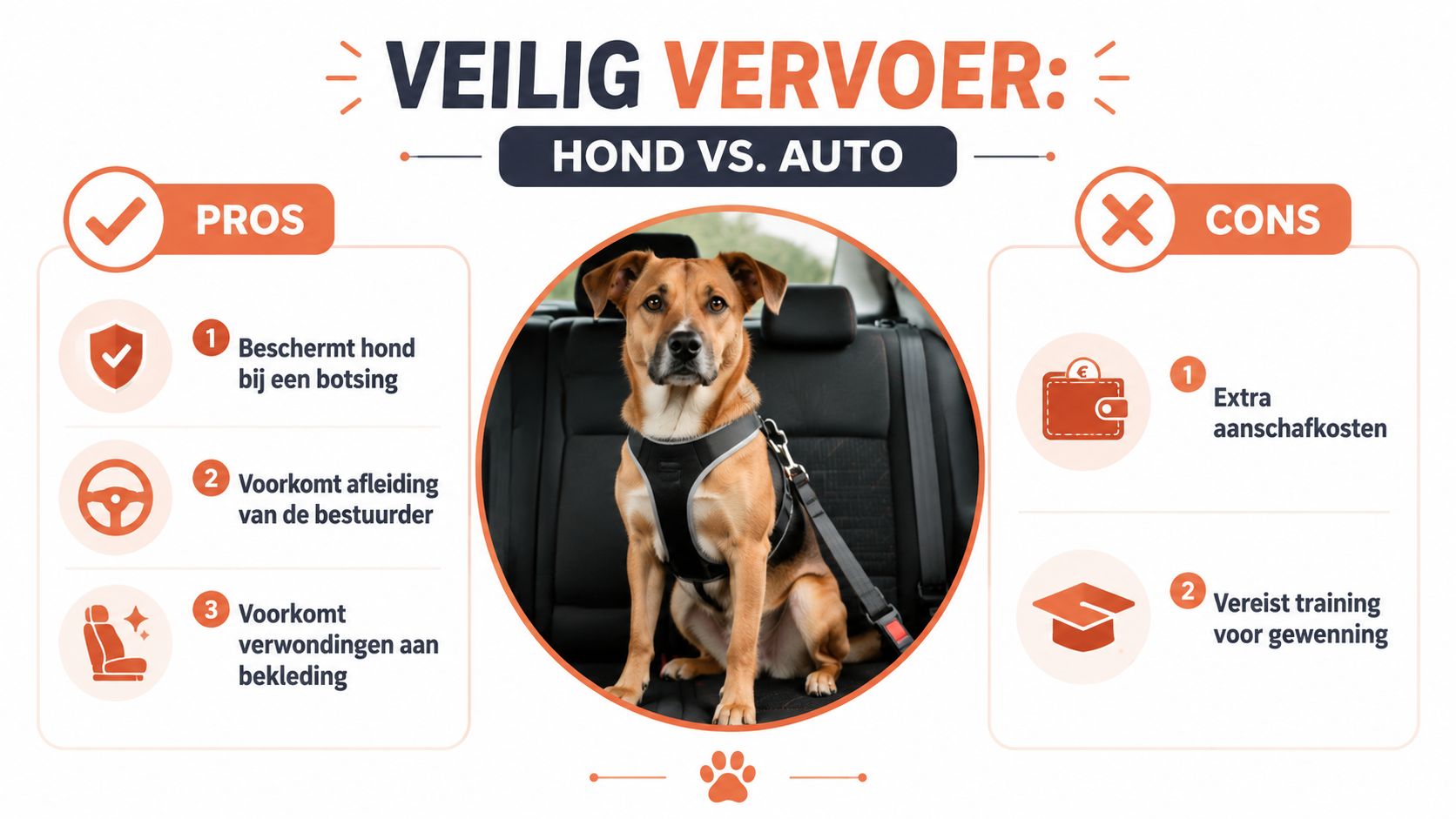 Een informatieve afbeelding over veilig vervoer van honden in de auto, inclusief de voor- en nadelen.
