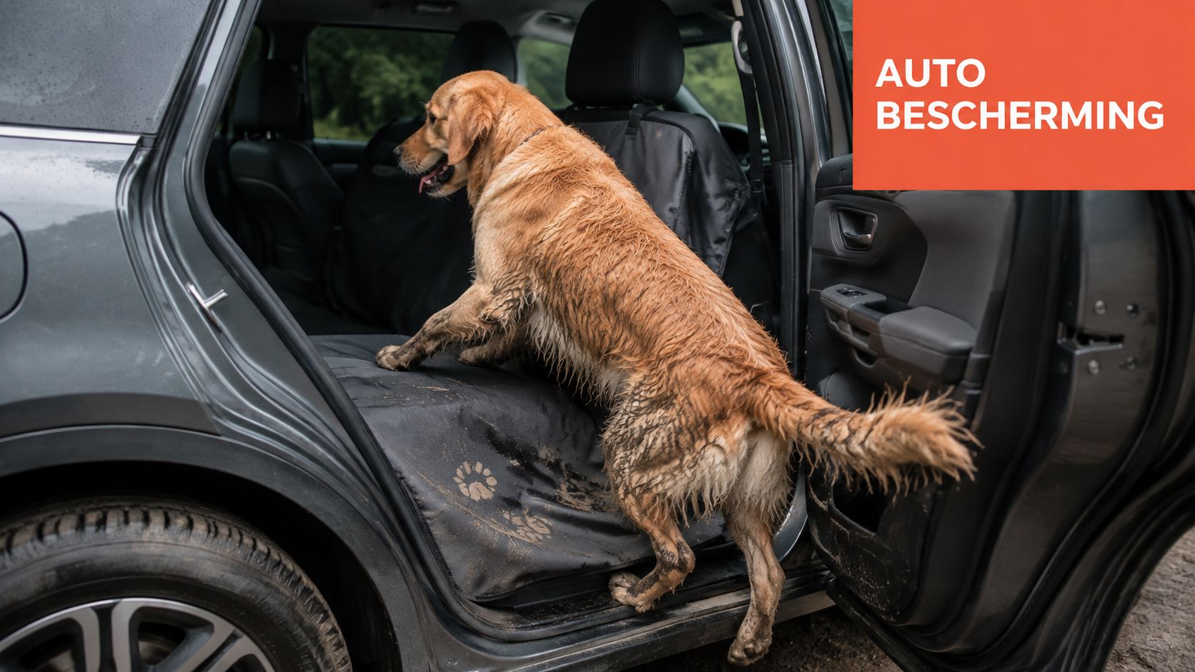 Een modderige hond stapt in een auto die is uitgerust met een zwarte beschermhoes voor de achterbank.
