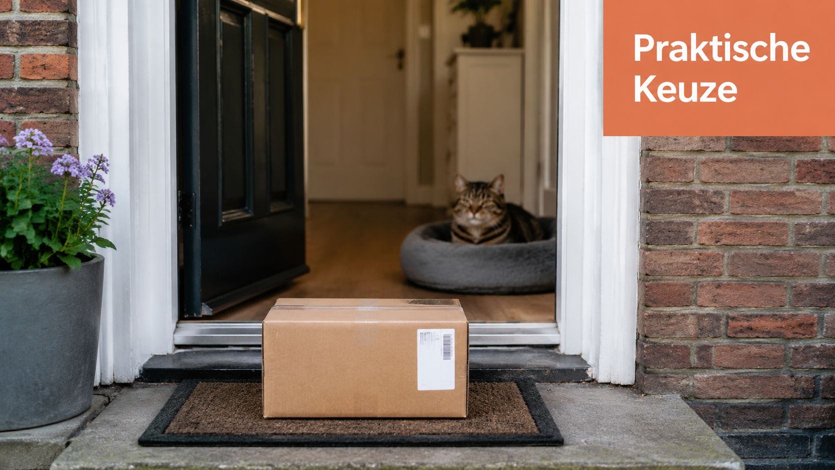 Een bezorgpakket op de deurmat bij een voordeur met een kat die op de achtergrond ligt te slapen.