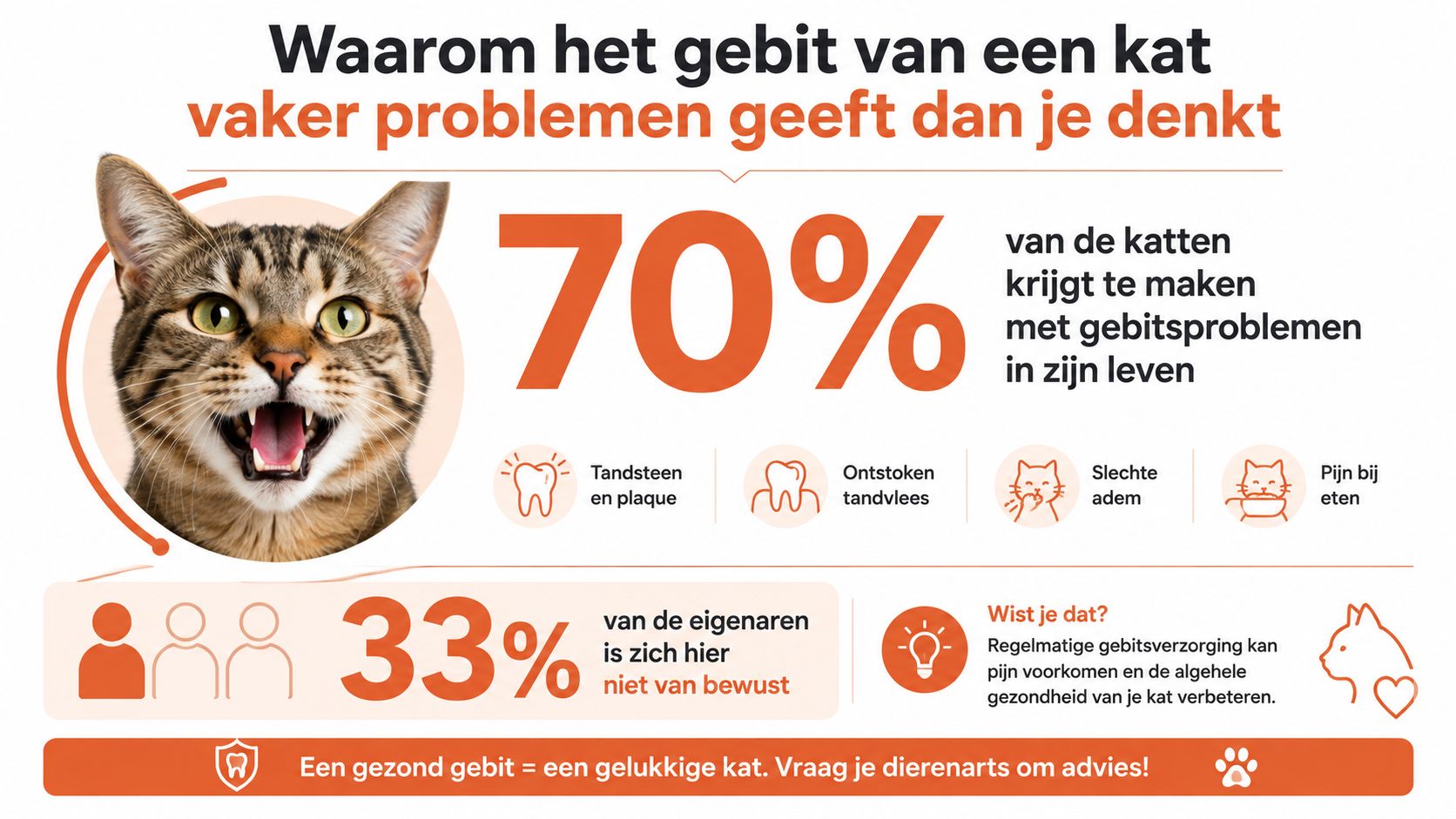 Een infographic over gebitsproblemen bij katten, met statistieken over tandheelkundige aandoeningen en het belang van goede verzorging.