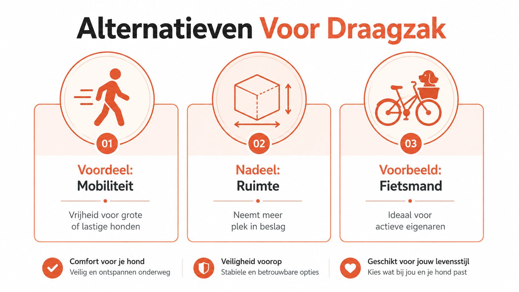 Een infographic over alternatieven voor een honden-draagzak, inclusief mobiliteit, ruimtegebruik en het voorbeeld van een fietsmand.