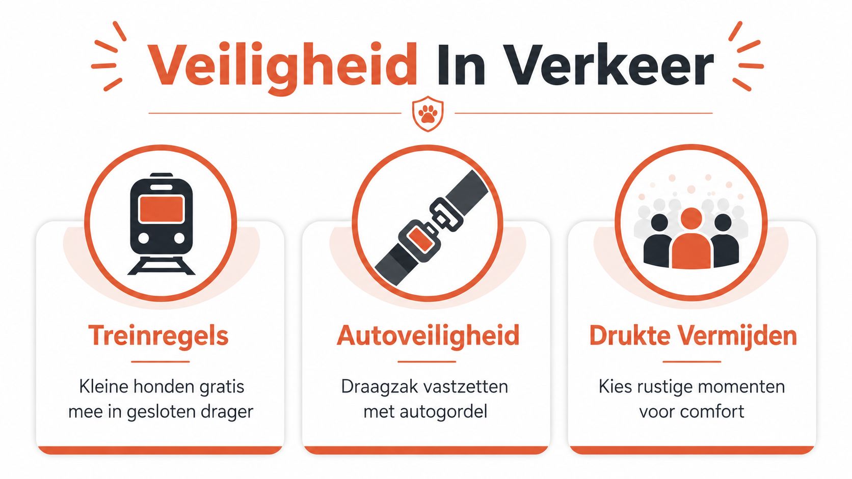 Een informatieve afbeelding over veiligheid voor honden in het openbaar vervoer, de auto en op drukke locaties.