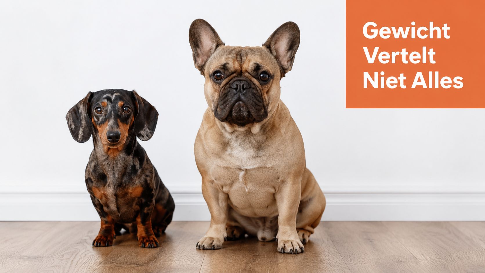 Een teckel en een Franse bulldog zitten naast elkaar op een houten vloer tegen een witte muur.