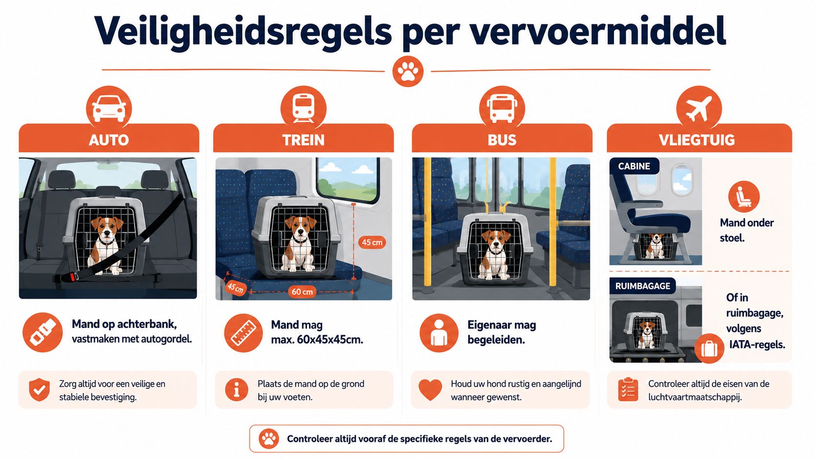 Infographic met veiligheidsregels voor het vervoeren van een hond in een reismand per auto, trein, bus en vliegtuig.