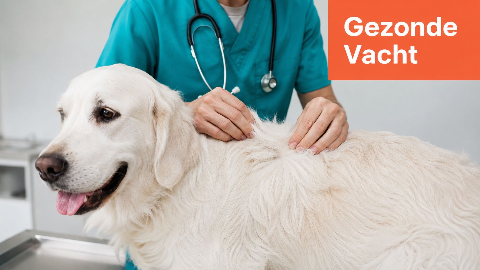Een dierenarts onderzoekt de vacht van een witte hond in een klinische omgeving voor een gezonde vacht.