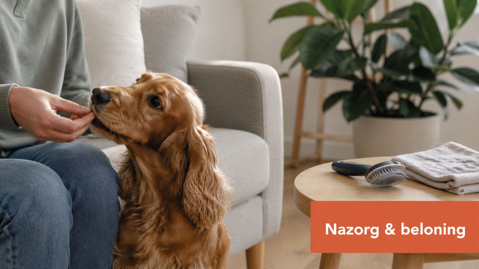 Een persoon geeft een hond een snoepje naast een tafel met een hondenborstel en een handdoek.