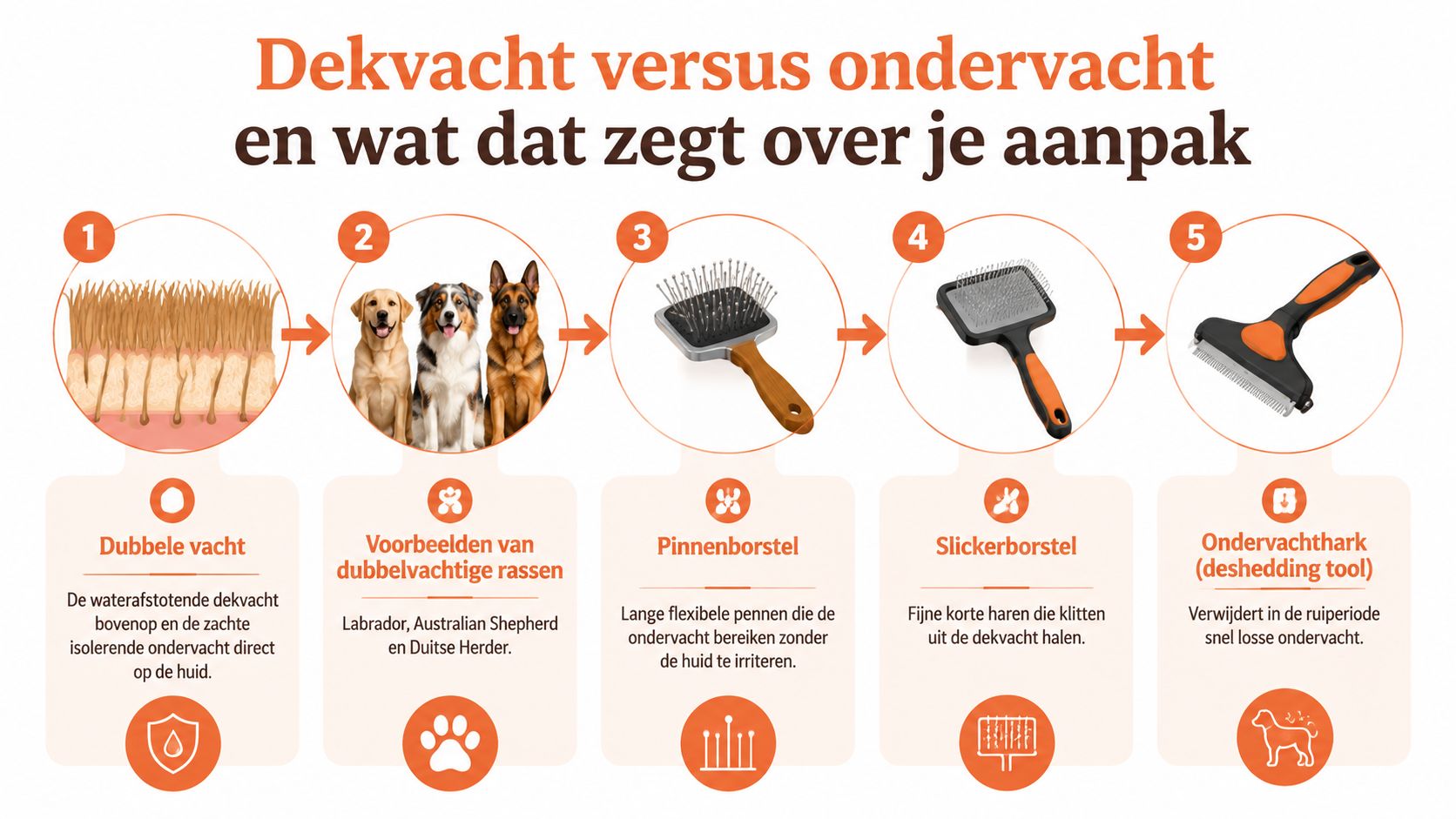 Een informatieve infographic over honden met een dubbele vacht en het juiste gebruik van verzorgingsborstels.