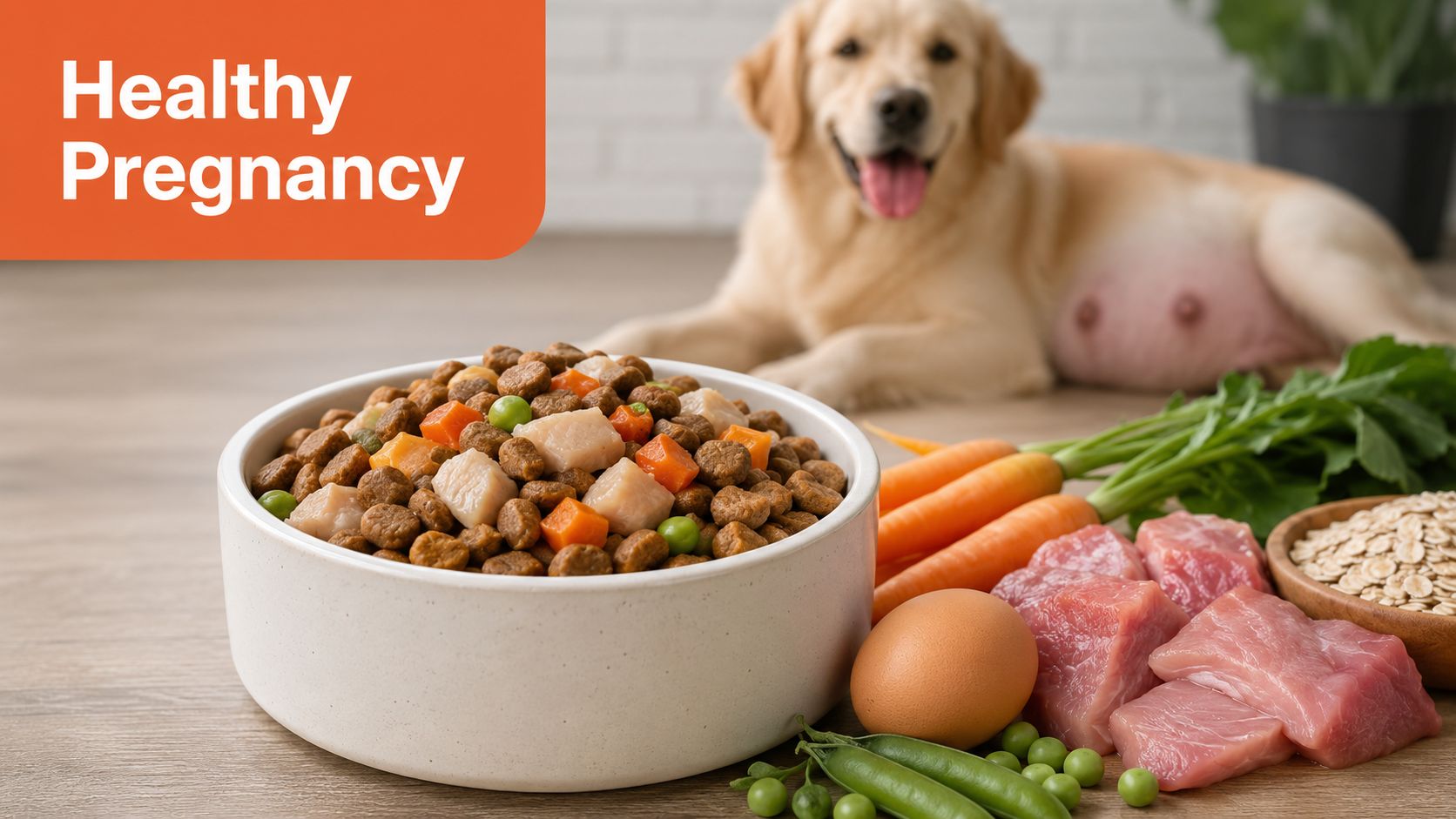 Een drachtige golden retriever met een kom gezonde hondenvoeding en verse ingrediënten voor een goede zwangerschap.
