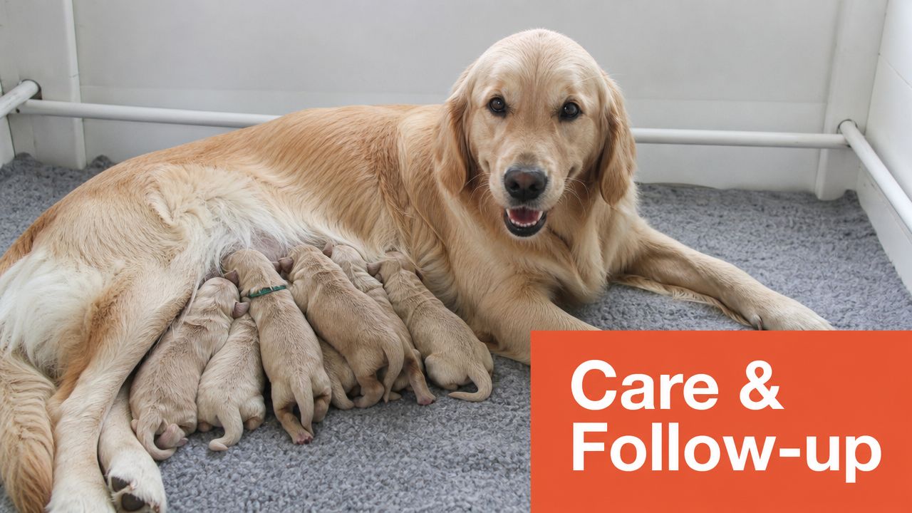 Een trotse Golden Retriever moederhond die haar pasgeboren puppy's zoogt op een zachte grijze ondergrond.