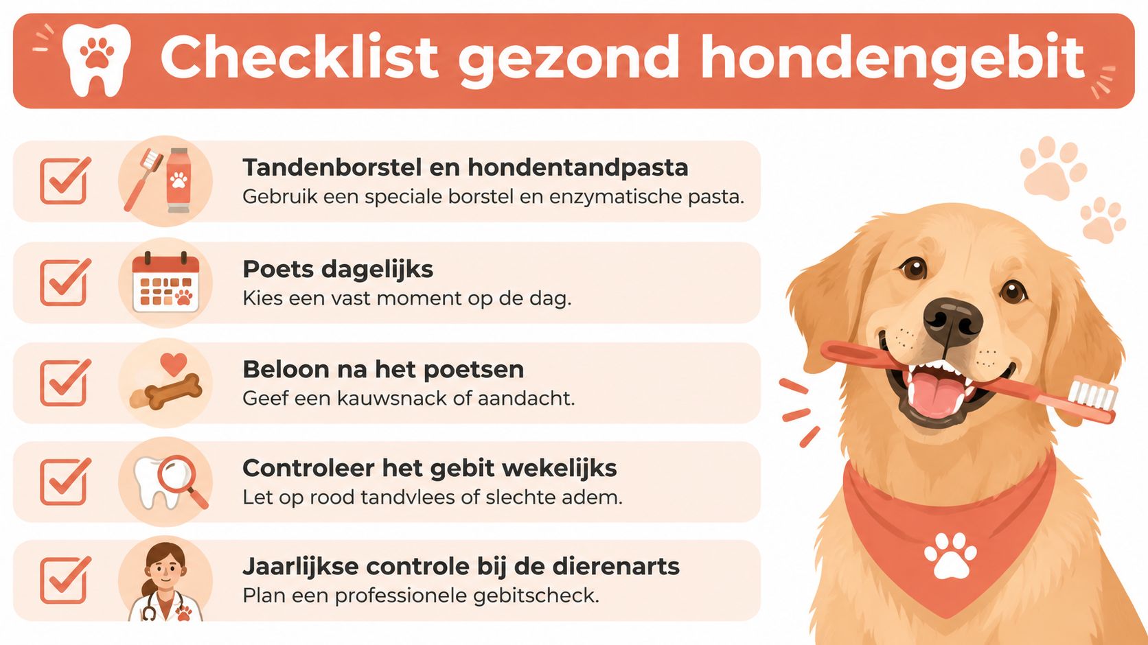 Een informatieve checklist met tips voor een gezond gebit en tandenpoetsen bij honden.