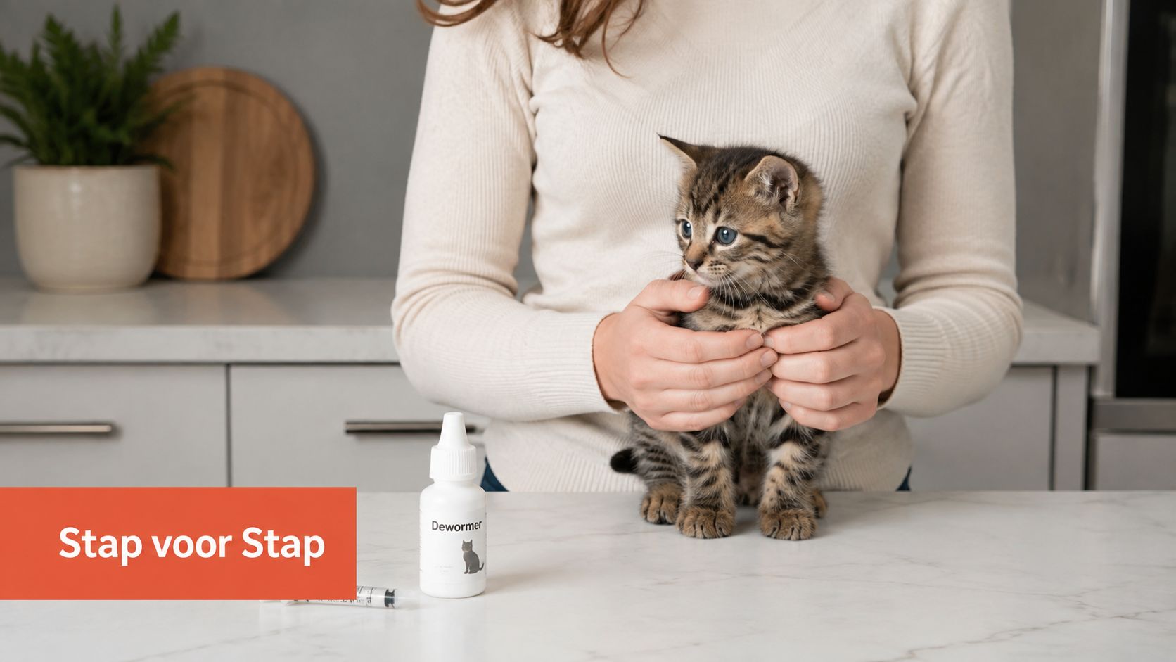 Een persoon houdt een schattig gestreept kitten vast naast een flesje ontwormingsmiddel voor een instructie.