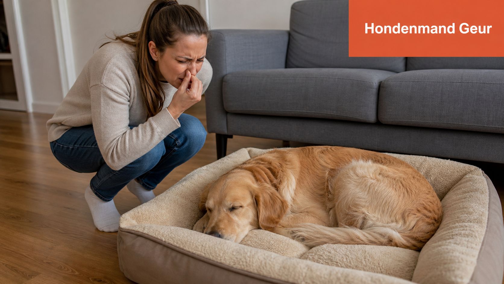 Een vrouw houdt haar neus dicht omdat de hondenmand van haar gouden retriever een onaangename geur verspreidt.