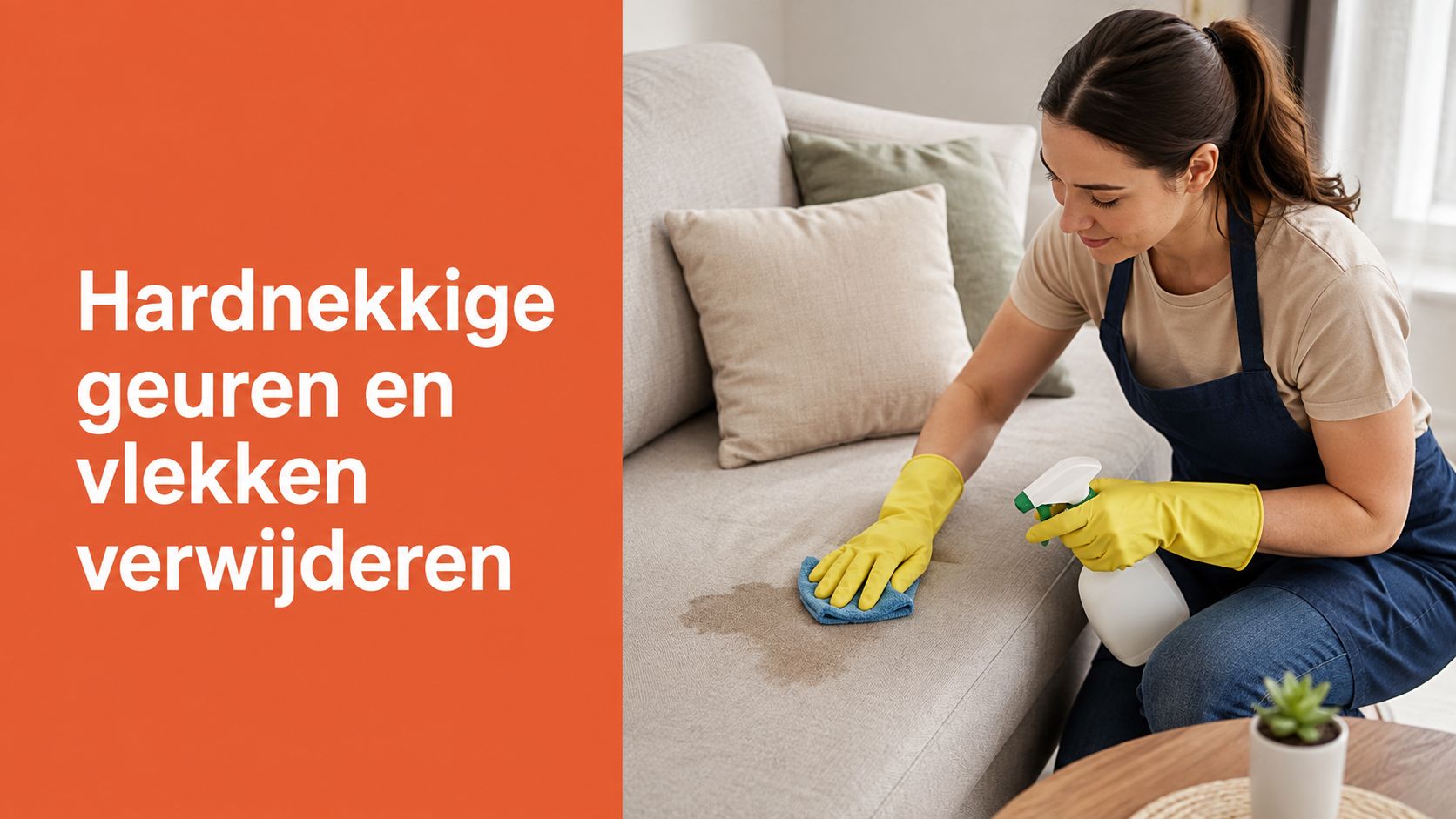 Een vrouw met gele handschoenen reinigt hardnekkige vlekken op een beige bank met een blauwe doek en spray.