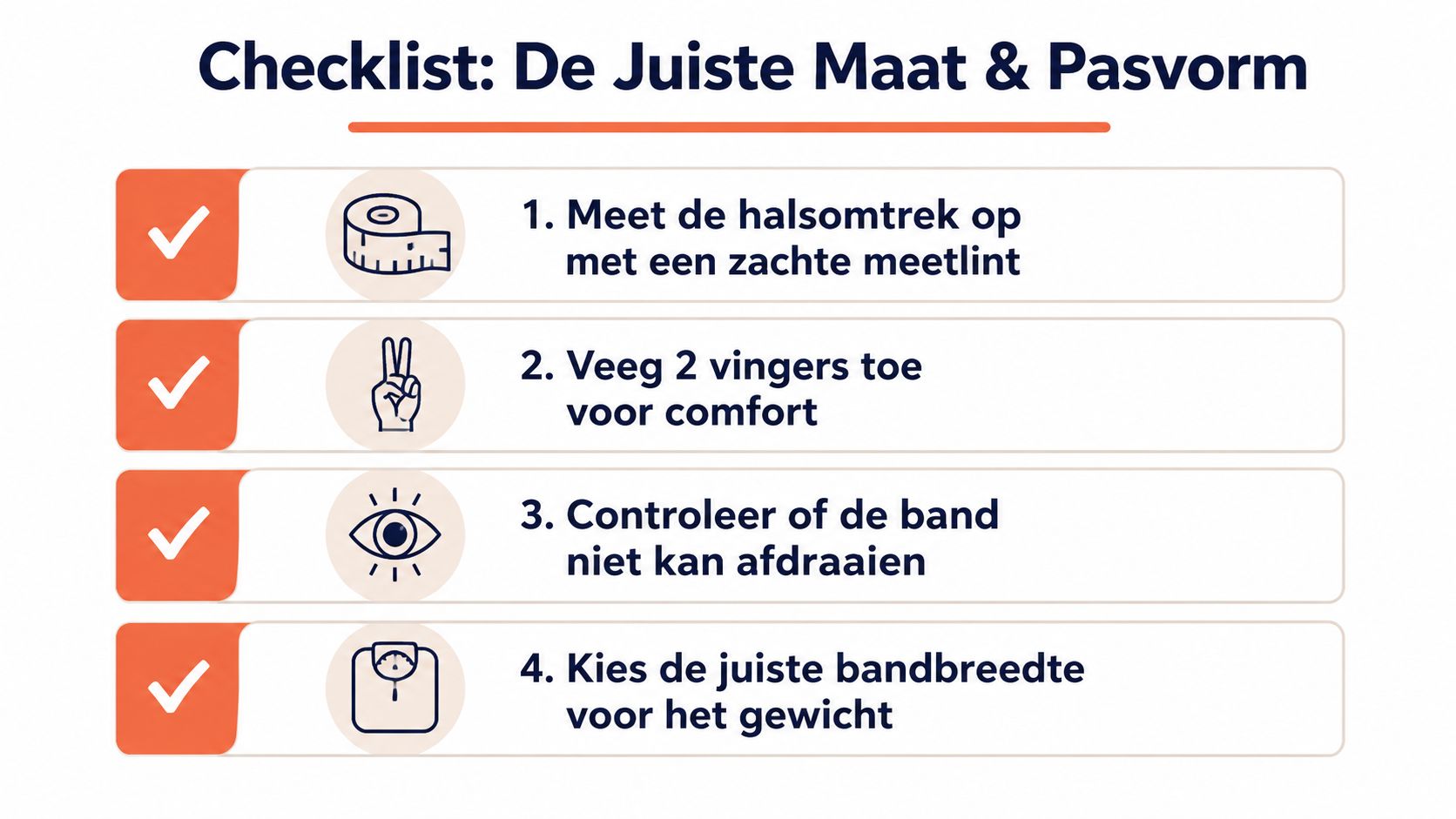 Een checklist voor het bepalen van de juiste maat en pasvorm voor een hondenhalsband met vier stappen.