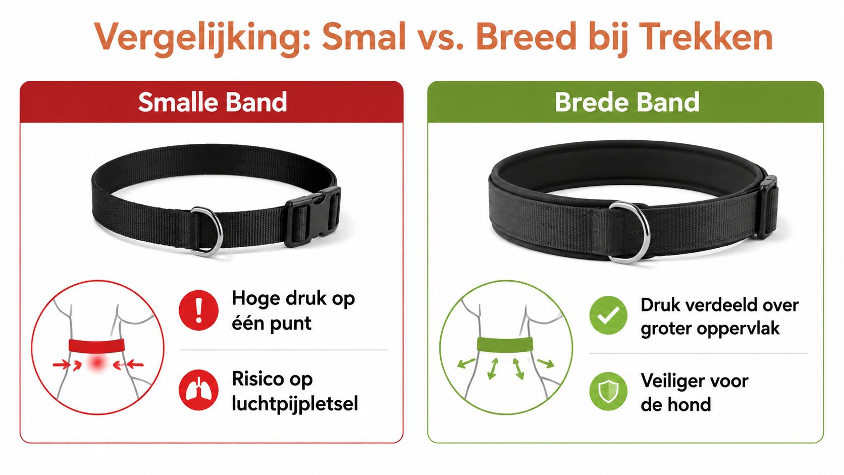 Vergelijking van een smalle en brede halsband voor honden om druk op de nek te tonen.