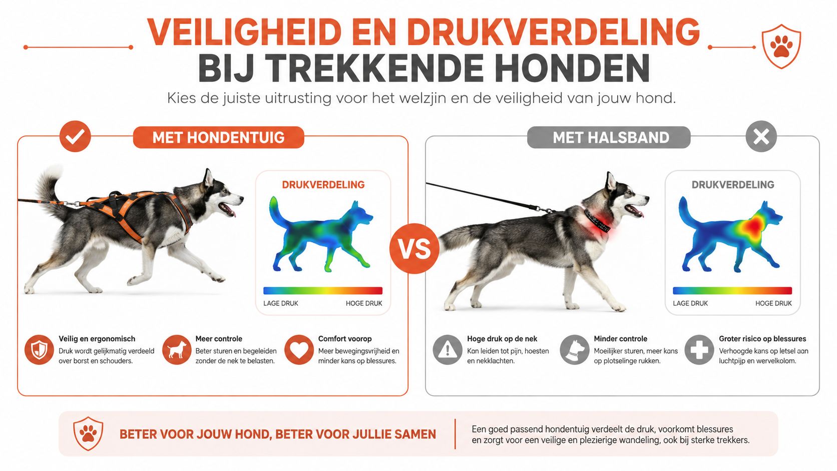 Een vergelijking tussen een hondentuig en een halsband voor honden wat betreft veiligheid en drukverdeling bij trekken.
