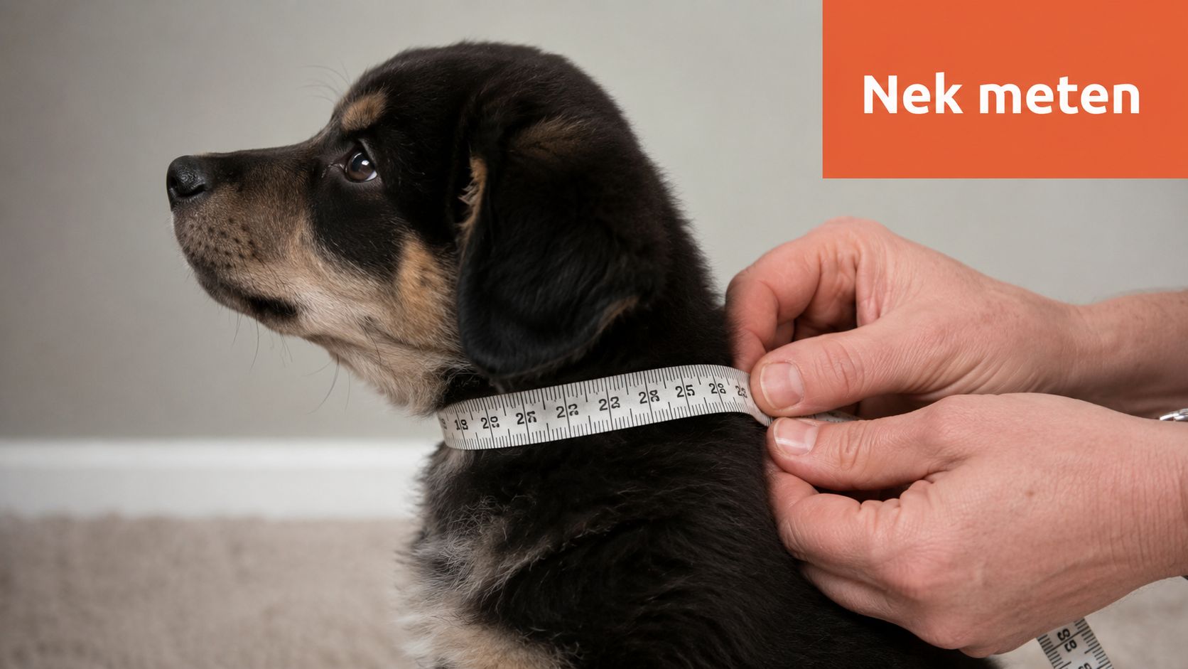 Persoon die de nek van een puppy opmeet met een meetlint om de juiste maat te bepalen.