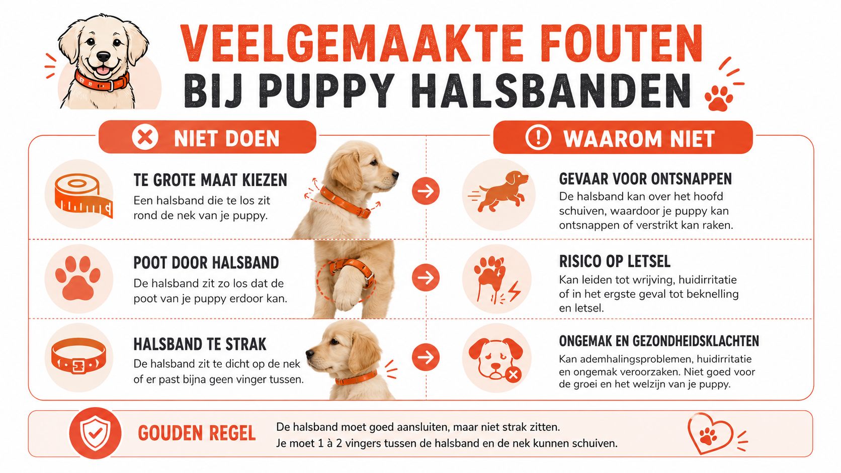 Een infographic met de meest gemaakte fouten bij het kiezen van de juiste maat puppyhalsband.