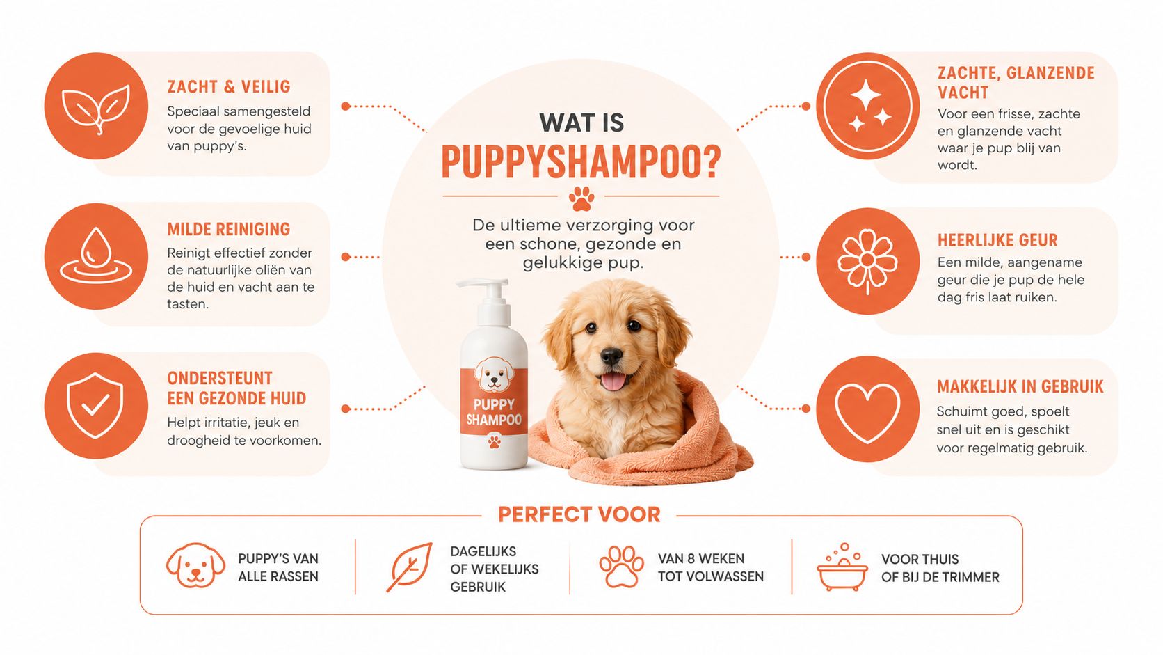Een informatieve afbeelding over puppyshampoo die de voordelen en het gebruik voor puppy's en jonge honden uitlegt.