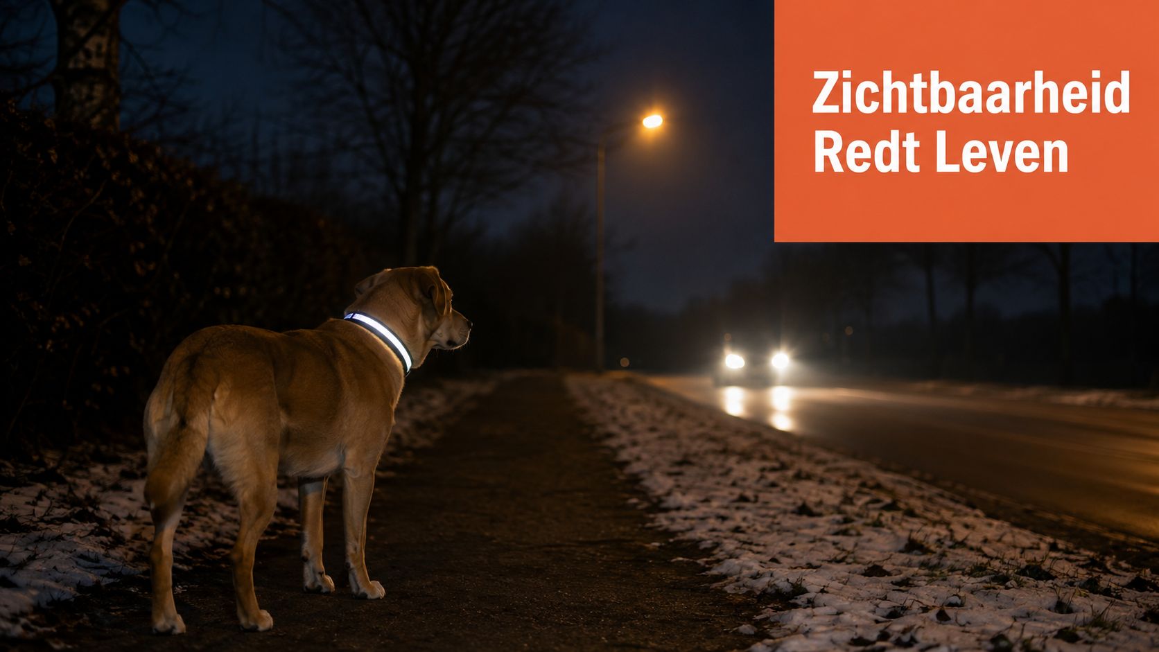 Een hond met een reflecterende halsband staat 's avonds langs een donkere weg met passerend autoverkeer.
