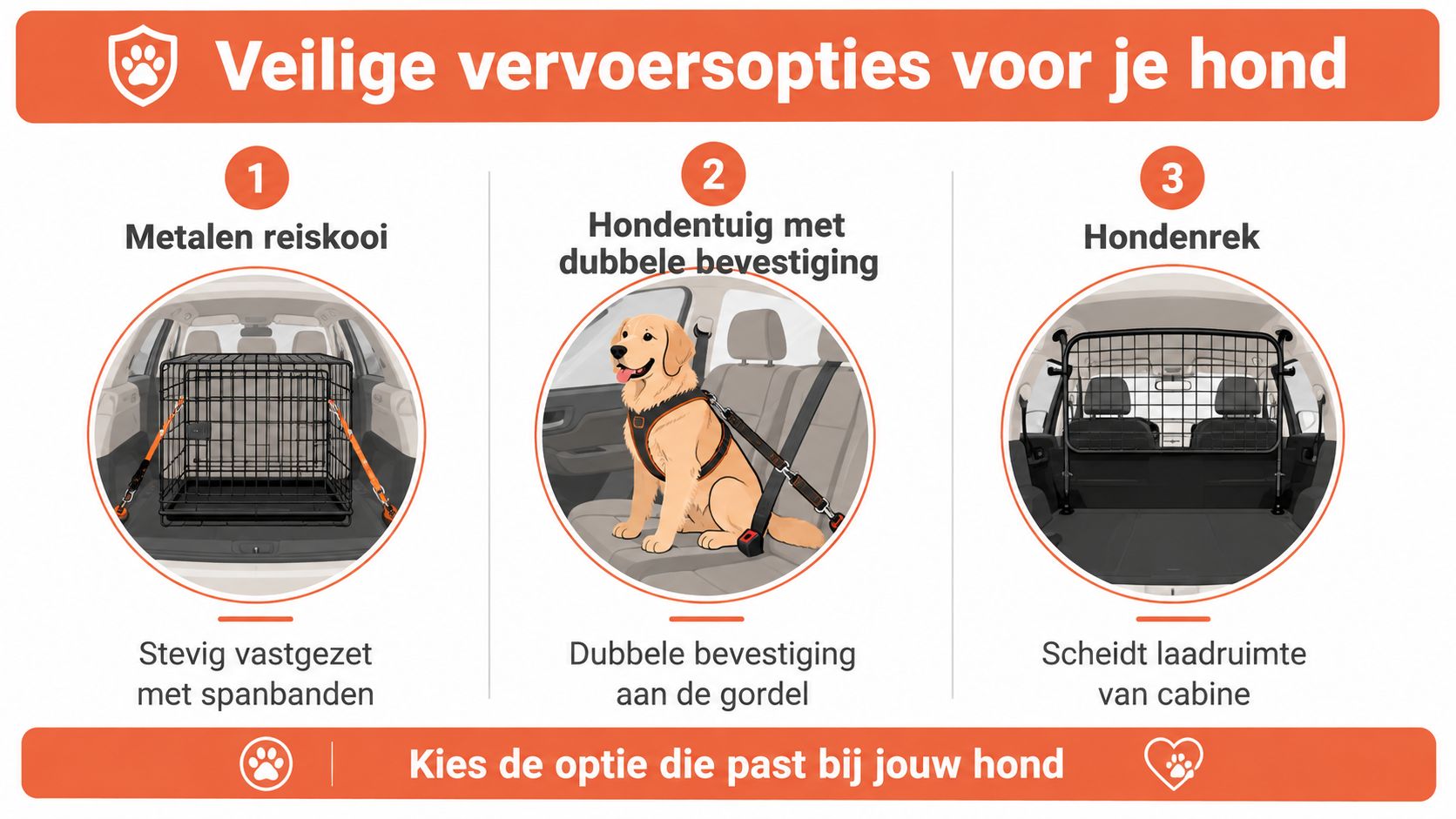 Een infographic met drie veilige vervoersopties voor honden in de auto, waaronder een bench, tuigje en hondenrek.
