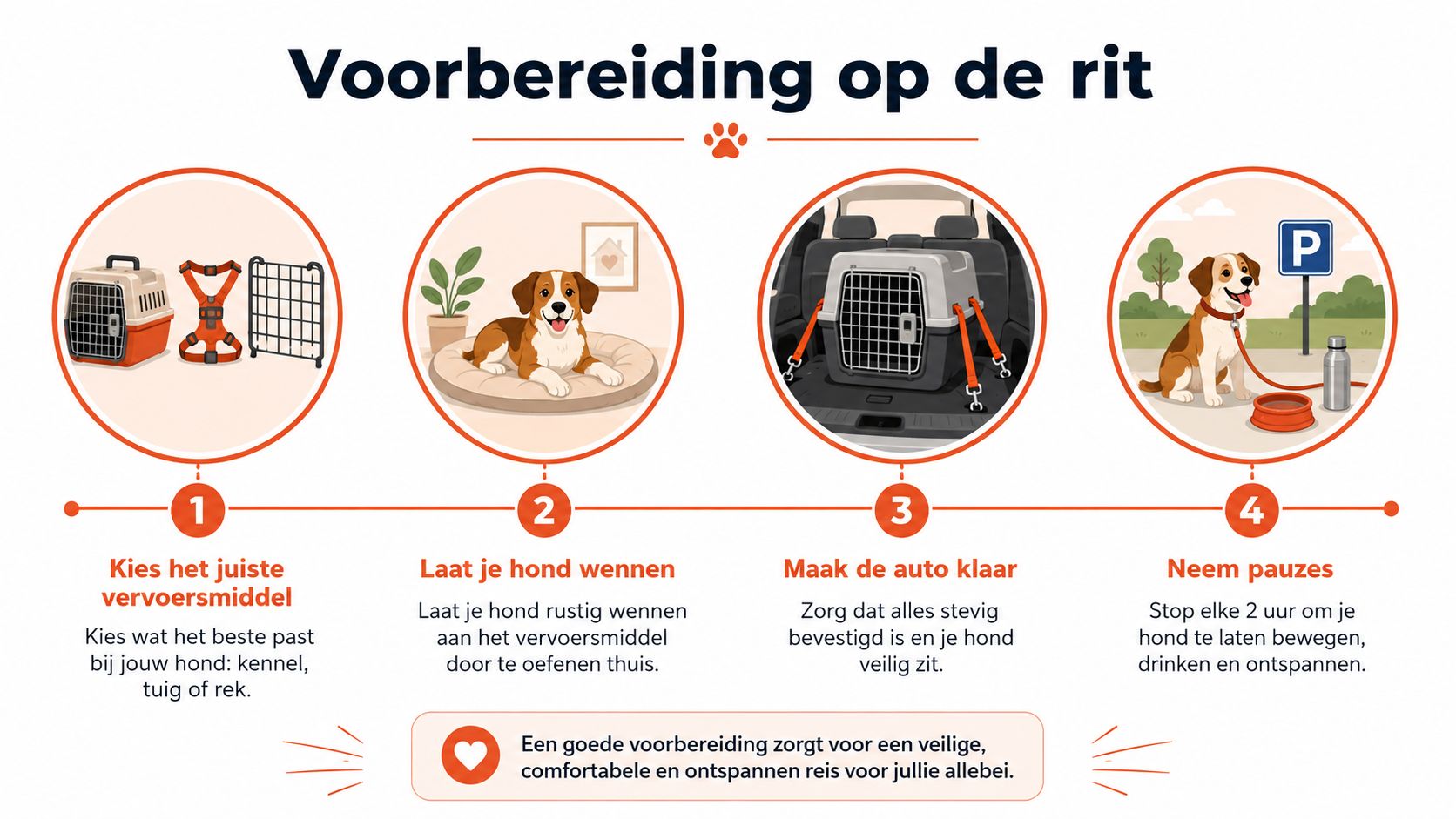 Een informatieve infographic over de voorbereiding voor het veilig vervoeren van een hond in de auto.